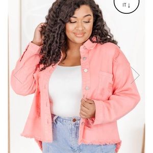 Bubblegum pink distressed denim jacket